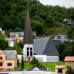 Harstad Church (1958); designed by the same architect who designed the Arctic Cathedral in Tromsø.