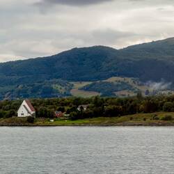 Trondenes Church in its rural setting as we approach Harstad.
