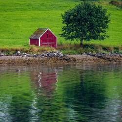 Pop of red along the shoreline.