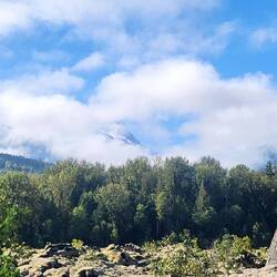 Lava beds and a glimpse of the peak
