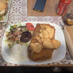 L.M lunch (leftovers for dinner), the escalope had ham and cheese in it as all fried items should