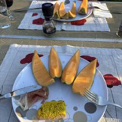 Melone mit frischen Parmaschinken und Brot mit Wein. Perfekt.