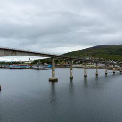 Almost under the bridge as we approach Sortland.