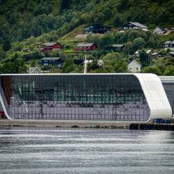If you look closely, you can see the upper decks of the m/s Finnmarken in the museum.