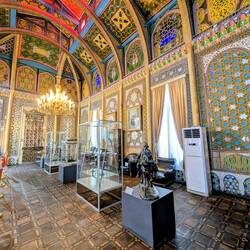 The banquet room with fireplace from Germany and chandelier from Austria