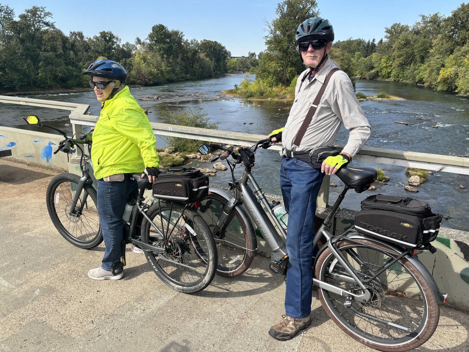 Jill and Les crossing the Willamette River