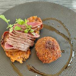 Beef tartare, spiced sweet potato and a beef croquette
