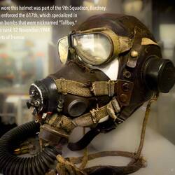 Helmet worn by a pilot who participated in the sinking of the Tirpitz.