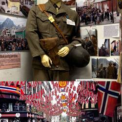 Top: Norwegian police soldier after liberation; Bottom: "The King is Back (7 June 1945)."