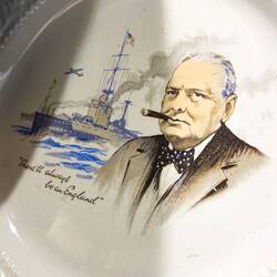 Patriotic plate with Churchill and the HMS Warspite ... a Queen Elisabeth class battleship.