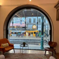 View from a lounge inside the Passenger Hostel, looking across the station concourse