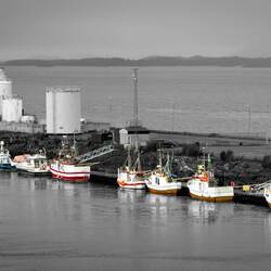 Fishing fleet in the harbor of Sandnessjøen. (Selective processing.)