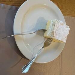 Back in Bled Mlino, the famous Bled Cream Cake had to be tried but once was enough.