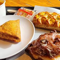 Lunch snack. Chicken currey samosa, leek and onion pie, apple fritter, tomato soup.