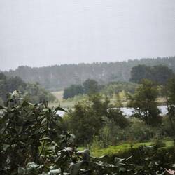 regenverhangener Blick aus dem Fenster
