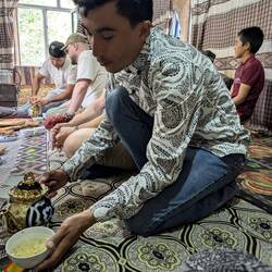 Tea is poured from the bowl and back three times before serving.