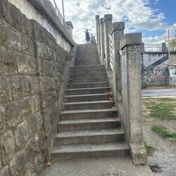 One last obstacle: hauling the loaded bike up these stairs in Novi Sad.