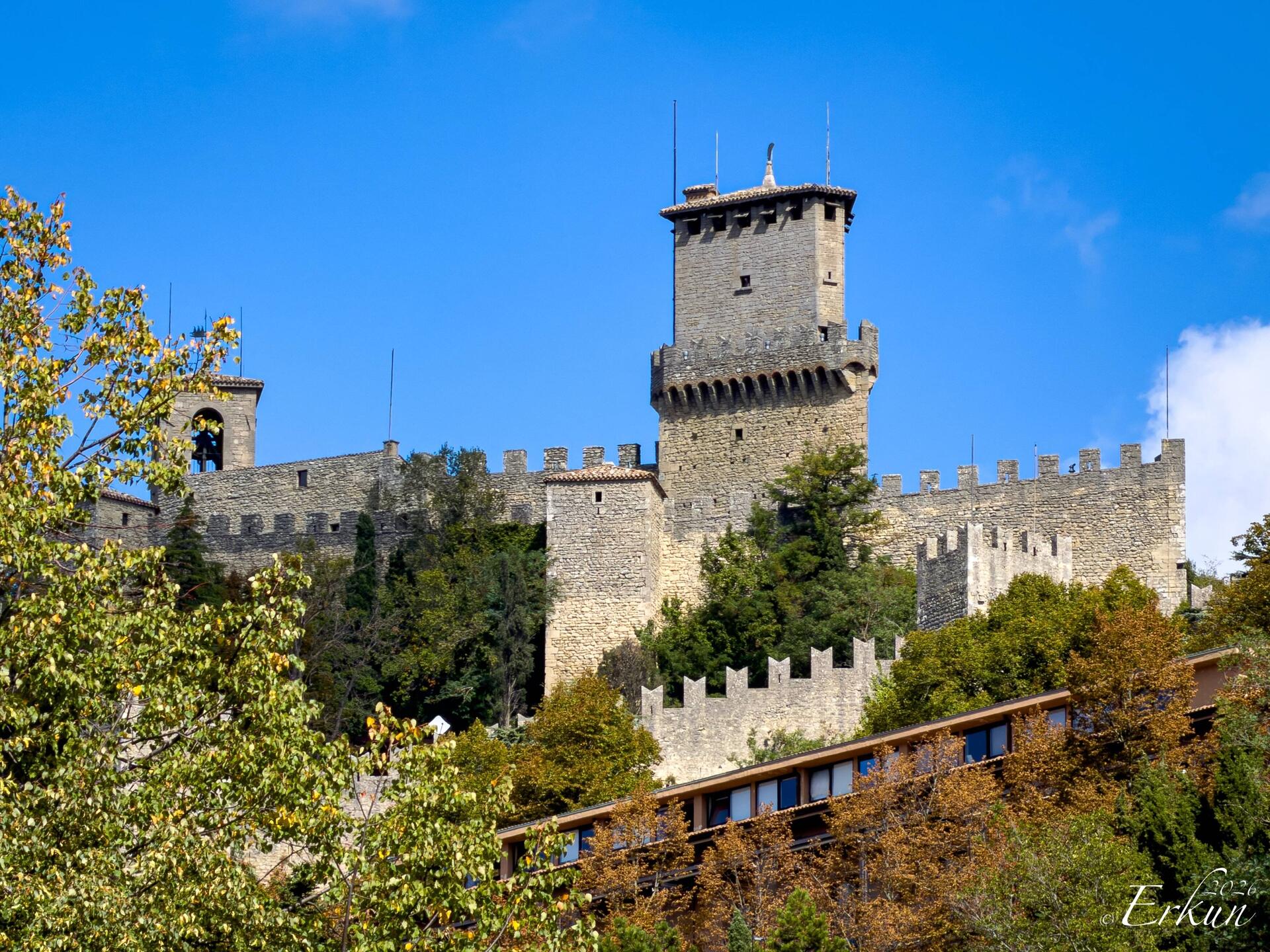 Guaita Tower atop Mount Titano — symbol of San Marino — from the bus station.