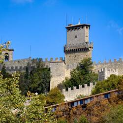 Guaita Tower atop Mount Titano — symbol of San Marino — from the bus station.