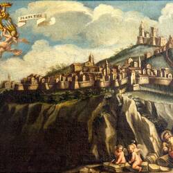 18th century painting of a view of San Marino with St Marinus, the stonemason — State Museum.