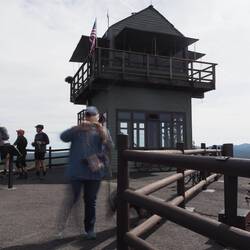 The fire tower is on the rim of the crater.