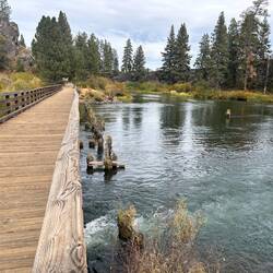 Trail bridge over the Deschutes River leading to the overlook of Benham Falls