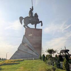 Manas, legendary hero of the Kyrgyz on horseback with a tiger
