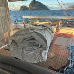 The first sail is down. The jib, also the smallest.
