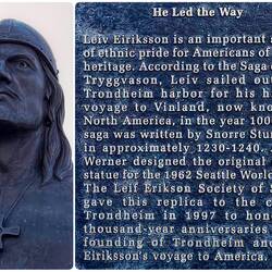 The plaque that explains Leiv Eiriksson's importance to Americans of Nordic heritage — Trondheim.