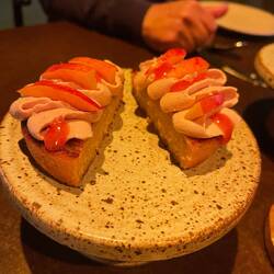 Duck mousse with plum on almond financier