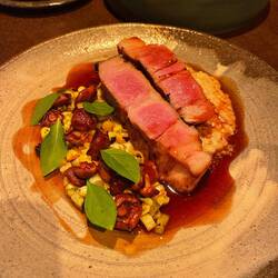Pork with corn and mushroom and spoon bread