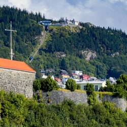 In the background is the funicular we took up to the top of Mt Fløyen — Bergen, Norway.