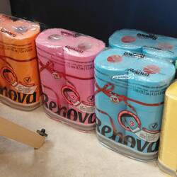 Fabulous coloured toilet roll paper in a funky designer shop
