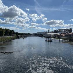 Looking downstream along the Rio Ulla, with the pontoons where the Variant Espiritual boats land