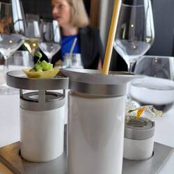 Towers of Paris, the first amuse bouche featuring a cold cucumber soup, wafer thin crisp and tartlet