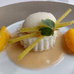 Peach and rosemary with a clear sugar wafer