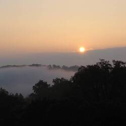 Am Morgen geht die Sonne über dem Nebel auf