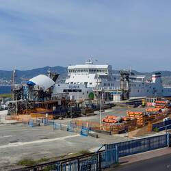 Moving past the ferry to position the train for loading — Villa San Giovanni.