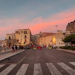 Colorful sunset ... looking toward Old Town Sunset from the lungomare — Cefalù, Sicily.