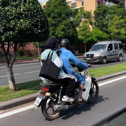 Nur der Fahrer muss Helm tragen. Bis vor kurzem musste er ihn nur mitnehmen.