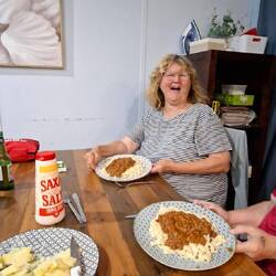 Enjoying Micks homemade pasta and pasta sauce.