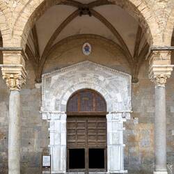 The main entrance ... framed by the central arch of the 15th century portico — Duomo di Cefalù.