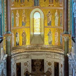 Some of the golden mosaics from the crosswalk between the towers — Duomo di Cefalù.