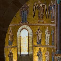 Some of the mosaics in the presbytery ... from the crosswalk between the towers — Duomo di Cefalù.