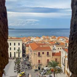 View from the crosswalk between the two towers — Duomo di Cefalù.