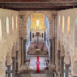 View into the cathedral from the crosswalk between the towers — Duomo di Cefalù.