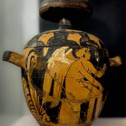 Pottery with Eros sitting on an altar; from a prominent school of ancient Sicilian pottery workshops
