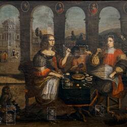 "A Convivial Scene" (unknown; 17th century); dotted boxes show areas that were restored.