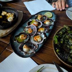 Peppers, prawns, scallops, octopus, bread, croquettes, wine, dessert....and the next pic!!