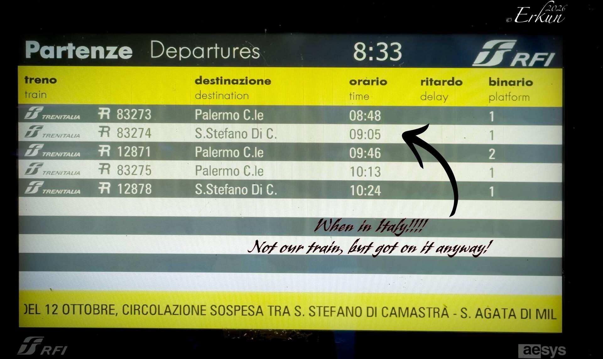 Where is our train to Messina? — Cefalú Train Station, Sicily.